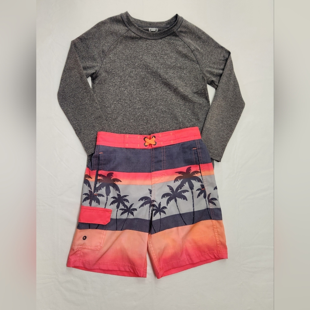 Wonder nation grey and orange rash guard and swim trunks set